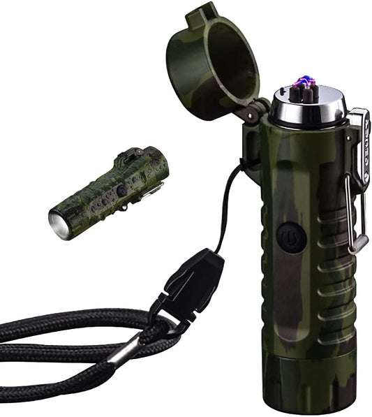 SKRFIRE Windproof Lighter,Dual Arc Lighter Windproof Electric Lighter with LED Flashlight Rechargeable USB Lighter, Flameless Plasma Lighter with Lanyard for Camping, Hiking