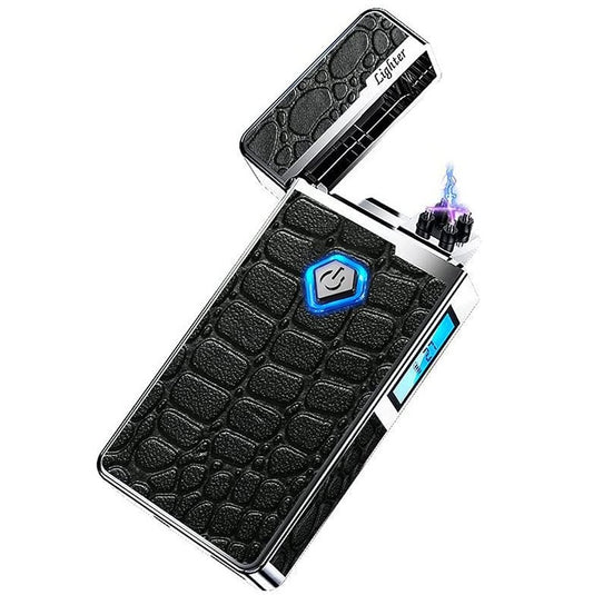 Electric Lighter, Windproof Dual Arc Lighter,Genuine Leather Plasma Lighter with USB Rechargeable Battery