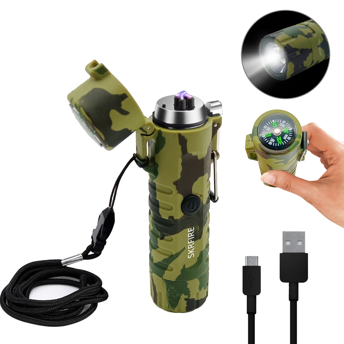 SKRFIRE Waterproof Windproof Outdoor Lighter USB Rechargeable Double Arc Plasma Electric Lighter with Flashlight Compass for Lighting, Camping, Survival, Tactical