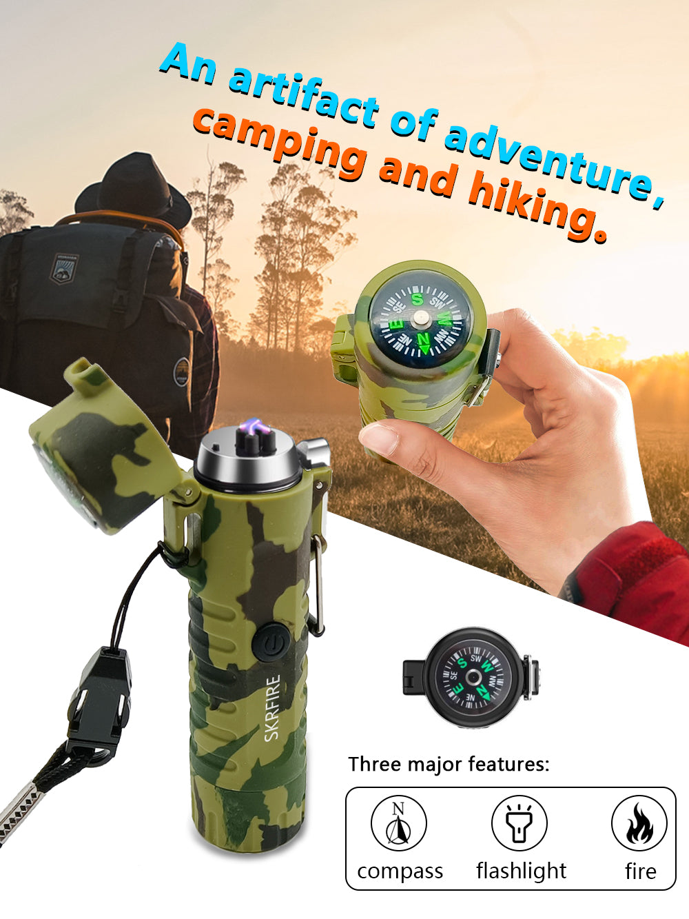 SKRFIRE Waterproof Windproof Outdoor Lighter USB Rechargeable Double Arc Plasma Electric Lighter with Flashlight Compass for Lighting, Camping, Survival, Tactical