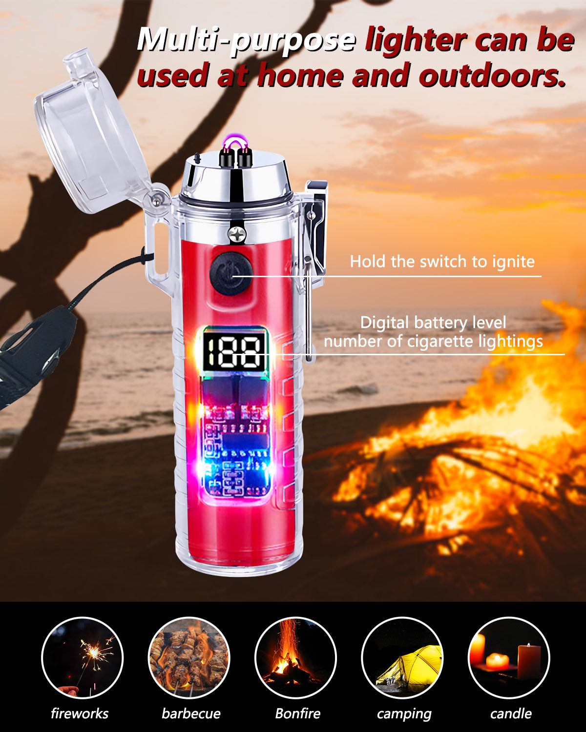 SKRFIRE Transparent case Plasma Arc Lighter, Waterproof Windproof Lighter USB Type C Rechargeable Lighter with Flashlight for Camping, Hiking, Outdoor Survival, Tactical Gear