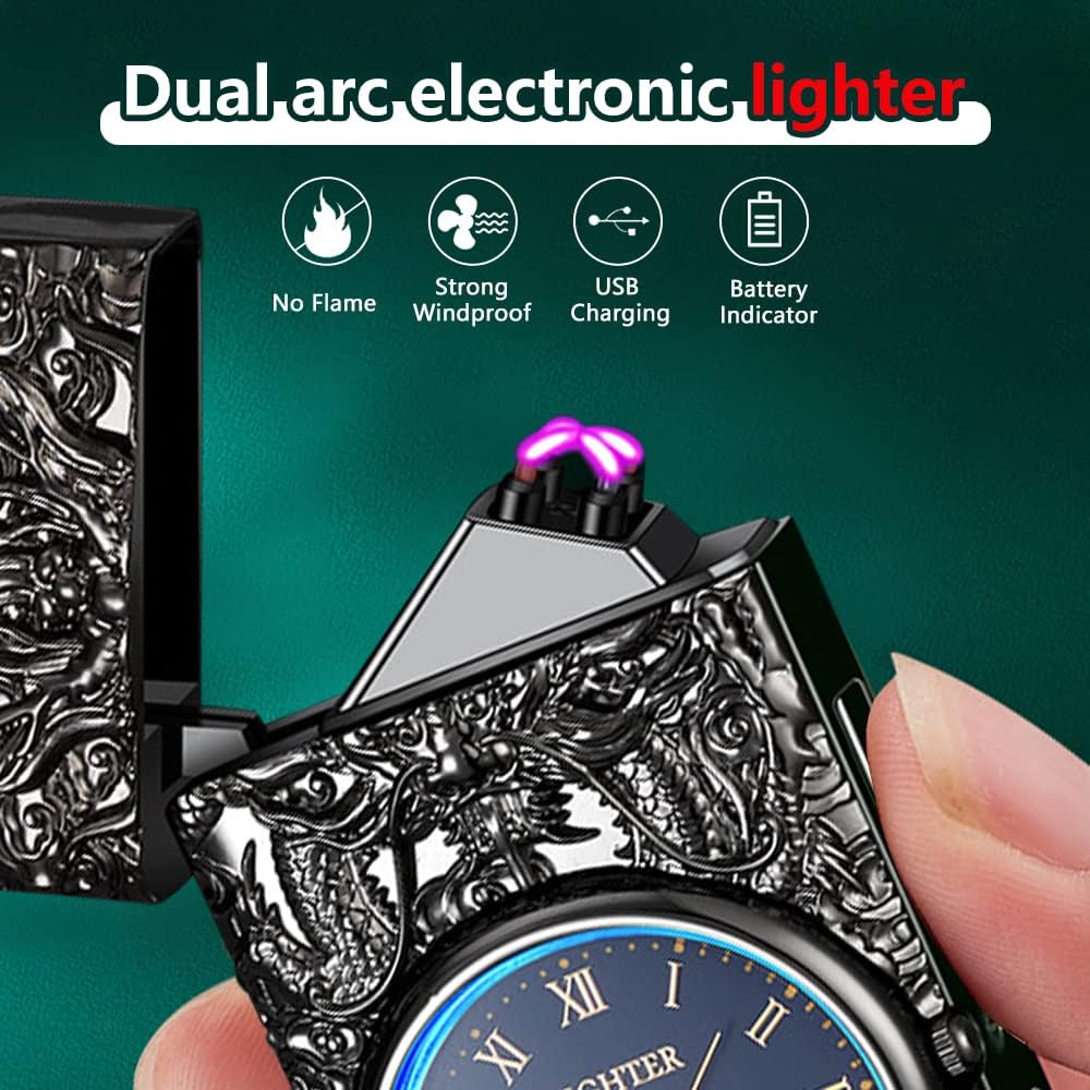 SKRFIRE Electric Lighter Rechargeable Dragon Lighters with Dial, Dual Arc Plasma Lighters, Windproof Lighters with LED Lighting for Candles, Fireworks, Incense Stick