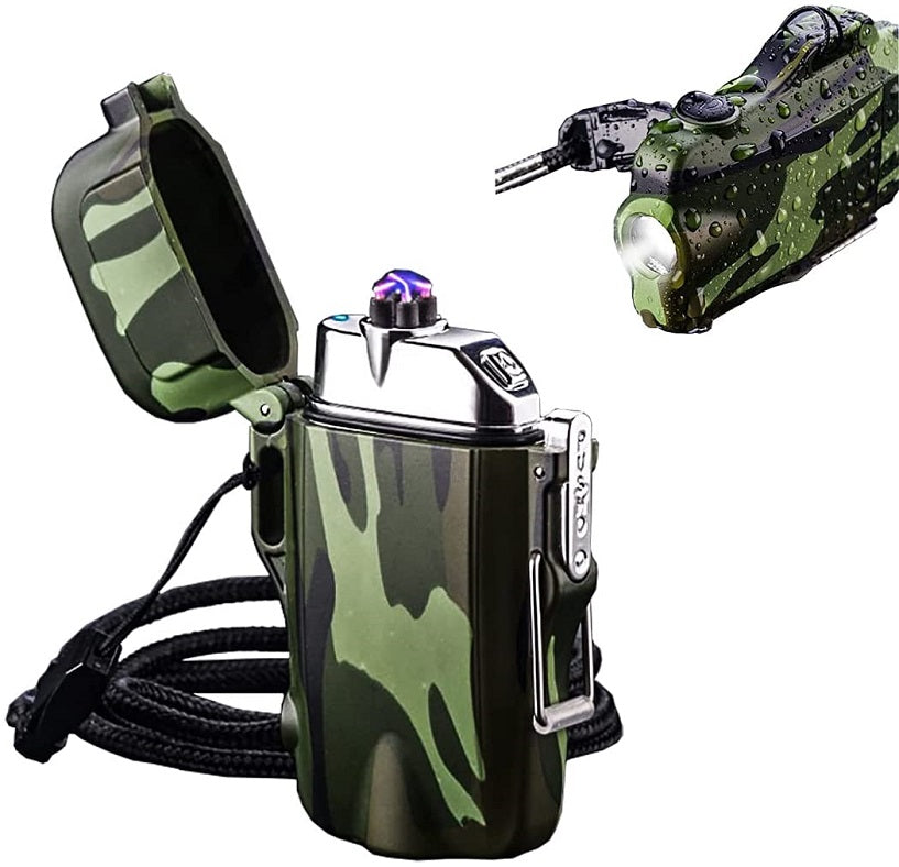 Waterproof Dual Arc Electric Lighter with LED Flashlight for outdoor