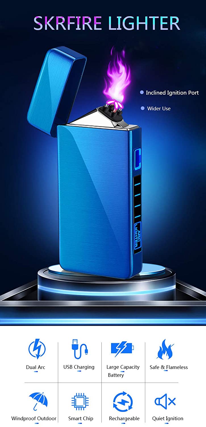 SKRFIRE Lighter, Fuel-Free Electric Lighter Windproof Dual Arc Lighter Flameless Plasma Lighter PVD-Plating Wearproof Lighter Rechargeable USB Lighter with LED Battery Indicator